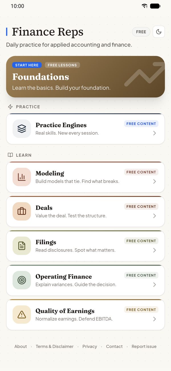 Finance Reps home screen — free version
