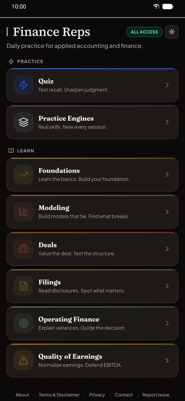 Finance Reps home screen — All Access, dark mode